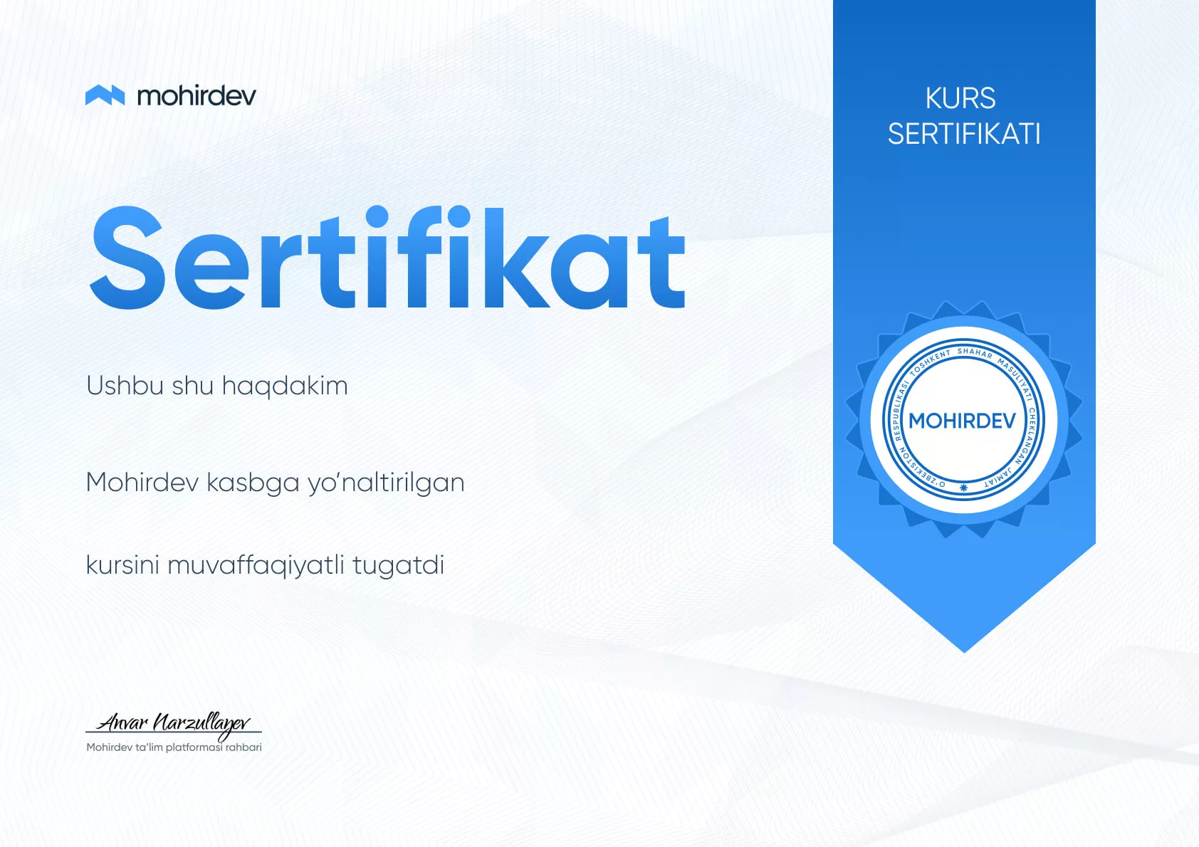 Mohirdev tomonidan sertifikat